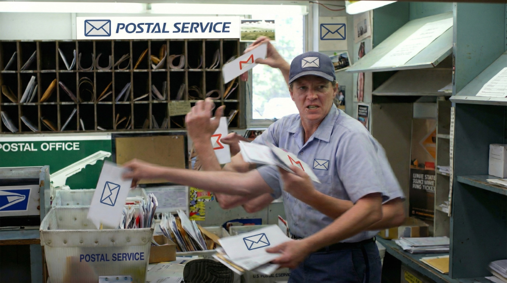 Postal worker sorting mail showing automated organization system similar to Gmail filters for business email management