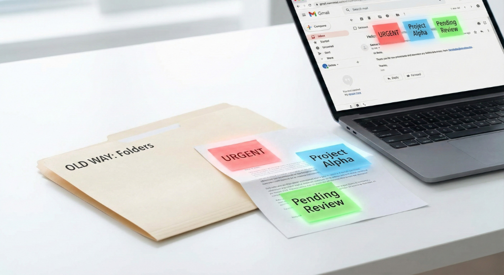 Gmail inbox with organized labels showing urgent, project alpha, and pending review sticky notes for email organization
